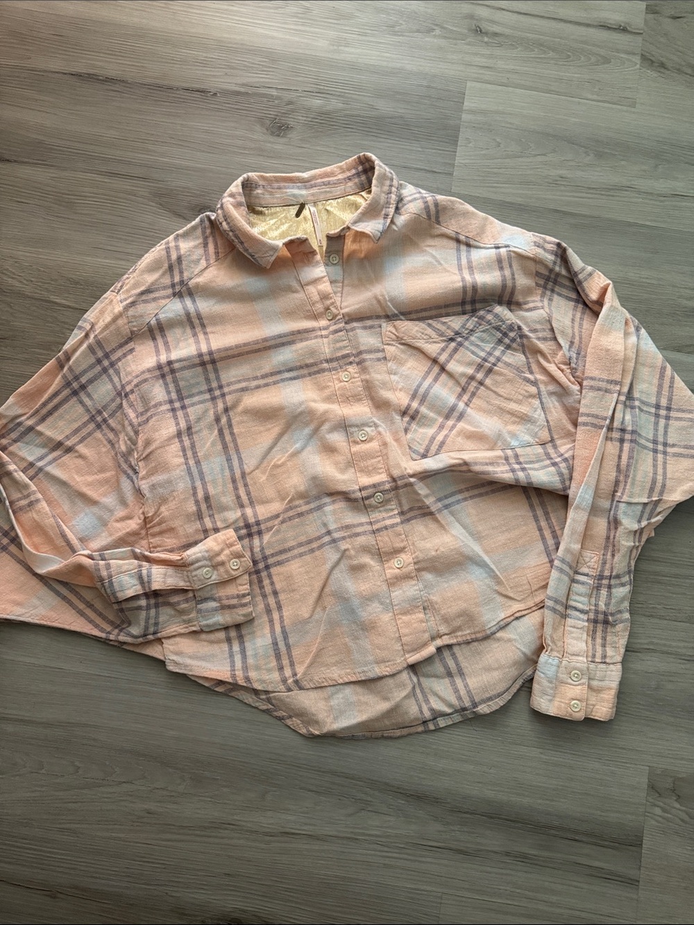 Free People Peach and Blue Plaid Button-Down Shirt